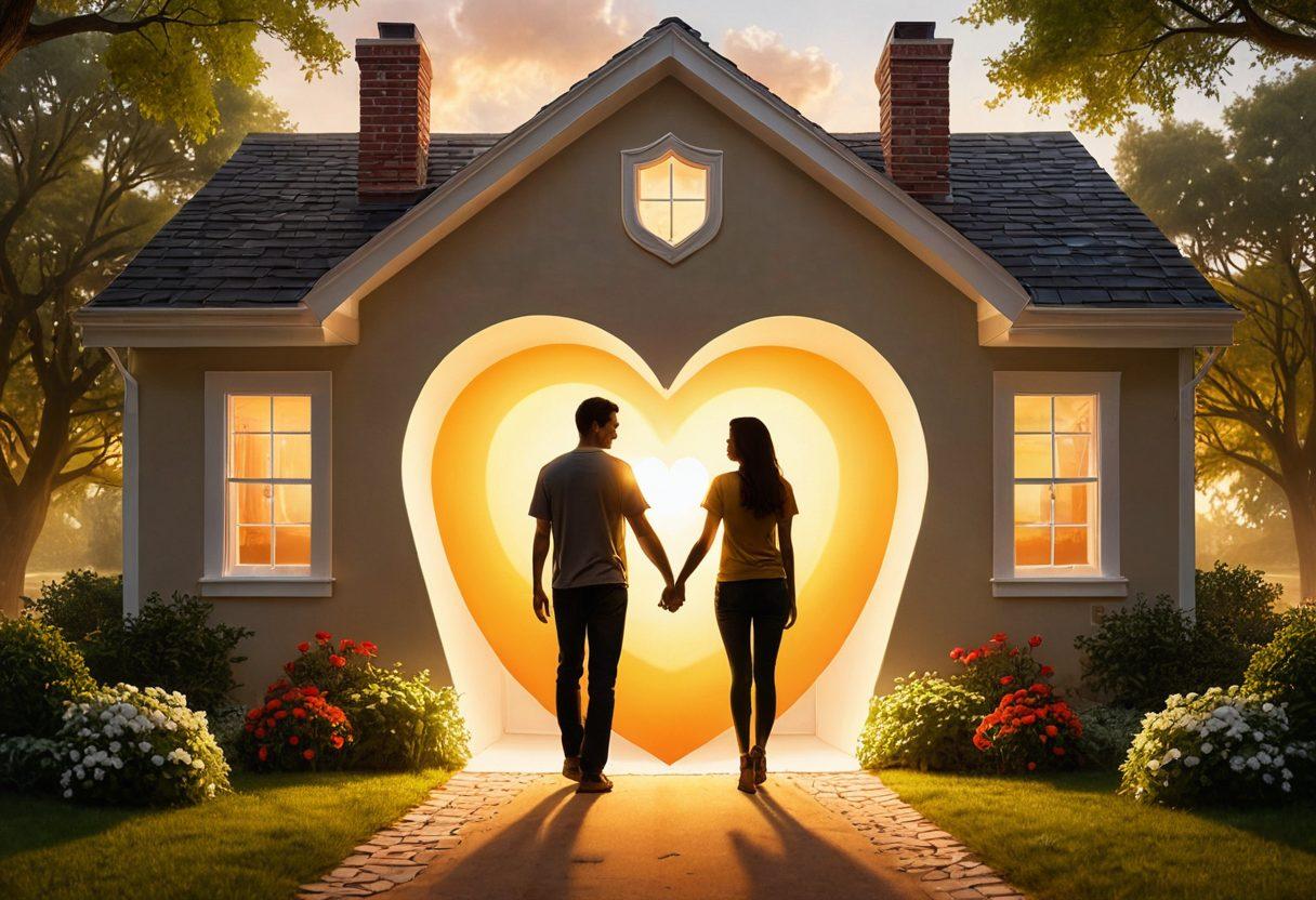 A warm, cozy scene of a couple holding hands while surrounded by symbols of insurance solutions like a shield, heart, and house in the background. Soft, glowing colors that evoke feelings of love and security. Include a light sunbeam filtering through, enhancing the feeling of hope and protection. super-realistic. vibrant colors.