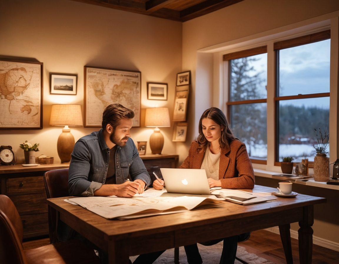 A thoughtful couple discussing financial goals at a cozy home office, with charts, insurance documents, and a laptop open on the table. The room is warmly lit, conveying a sense of comfort and security. Include a vision board in the background filled with dreams like travel and home ownership. The atmosphere should be reassuring and professional. super-realistic. warm colors. soft lighting.