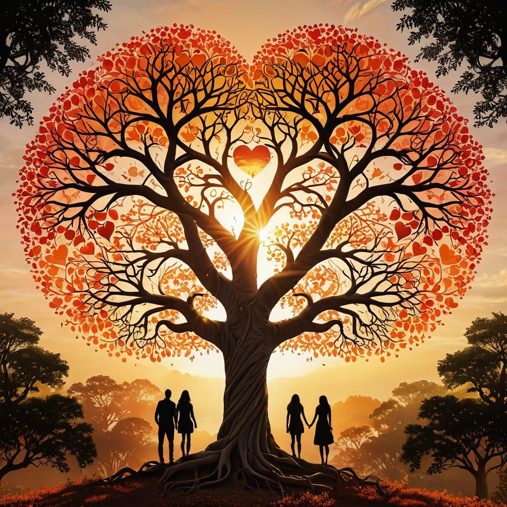 A heart symbol transforming into a life tree, representing growth and protection. Around the tree, diverse individuals of all ages engaging in joyful activities like family gatherings, adventurous travels, and peaceful retirements. The backdrop features a sun rising, symbolizing hope and new beginnings. Emphasize warm colors to evoke feelings of love and security. vibrant colors. super-realistic.